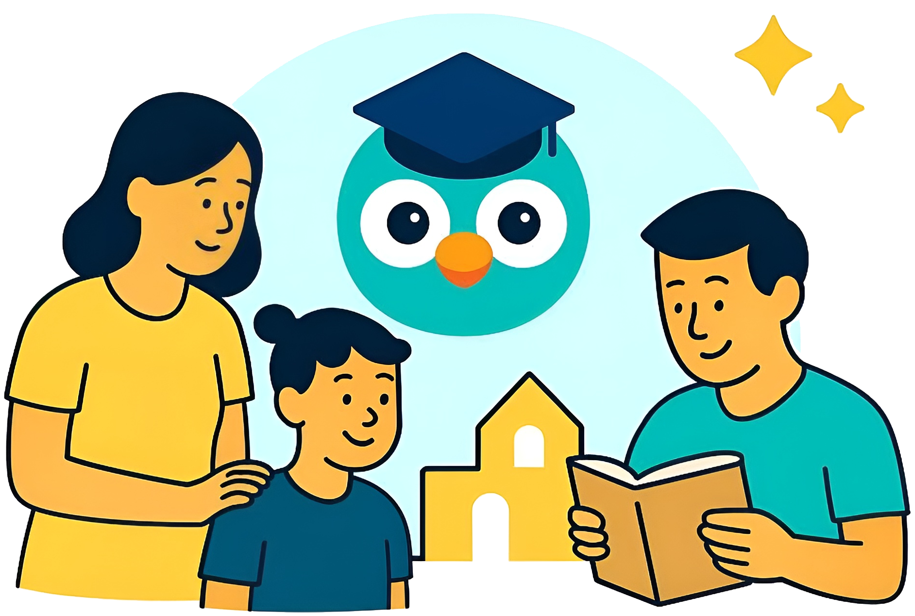 Illustration showing a teacher and students in a classroom setting.